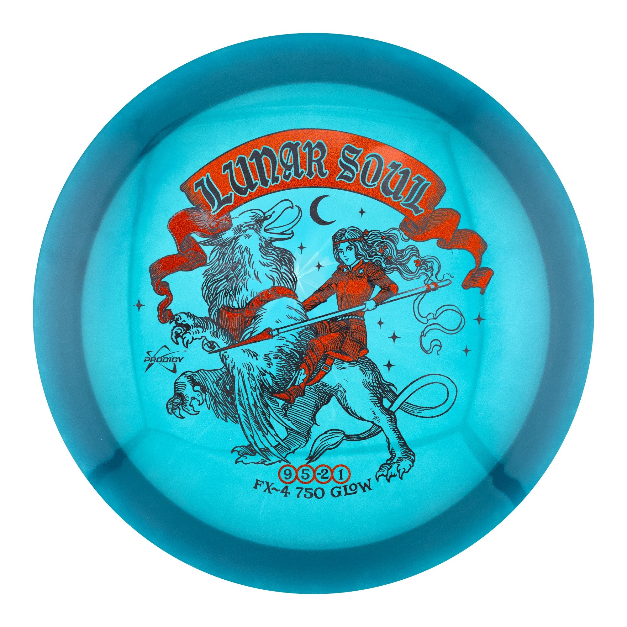 Blue disc with graphic design of a person riding a horse and text 'Lunar Soul' on a white background